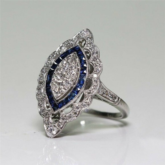 Art Deco Blue & Silver Marquise Ring Size 8 NWT - Picture 3 of 4
